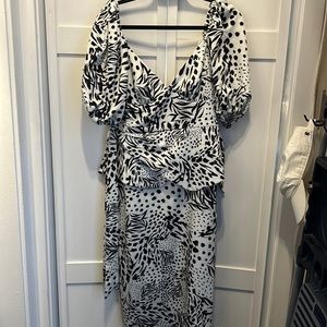 ASOS DESIGN tieside sweetheart puff sleeve pencil midi dress mono abstract print